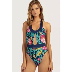 Trina Turk India Garden Halter Belted One Piece Womens Floral Swimsuit Sz 4‎ NWT